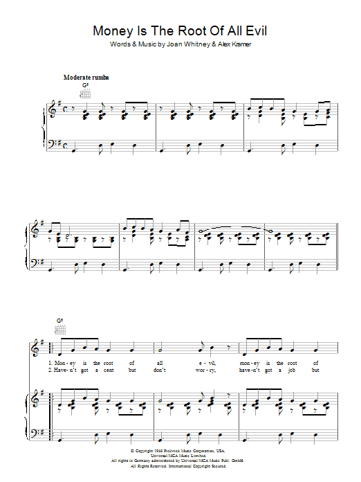 The Andrews Sisters Money Is The Root Of All Evil sheet music notes and chords arranged for Piano, Vocal & Guitar Chords