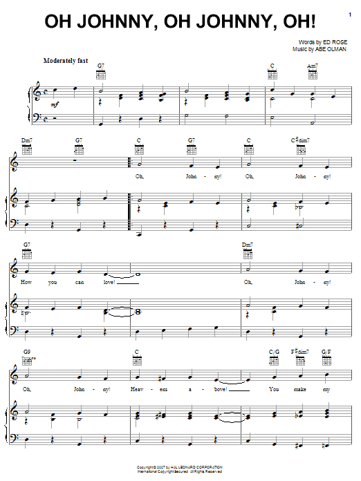 The Andrews Sisters Oh Johnny, Oh Johnny, Oh! sheet music notes and chords arranged for Piano, Vocal & Guitar Chords (Right-Hand Melody)