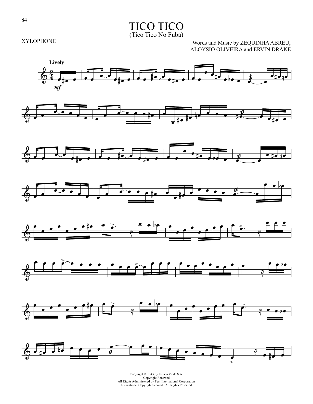 The Andrews Sisters Tico Tico (Tico Tico No Fuba) sheet music notes and chords arranged for Xylophone Solo
