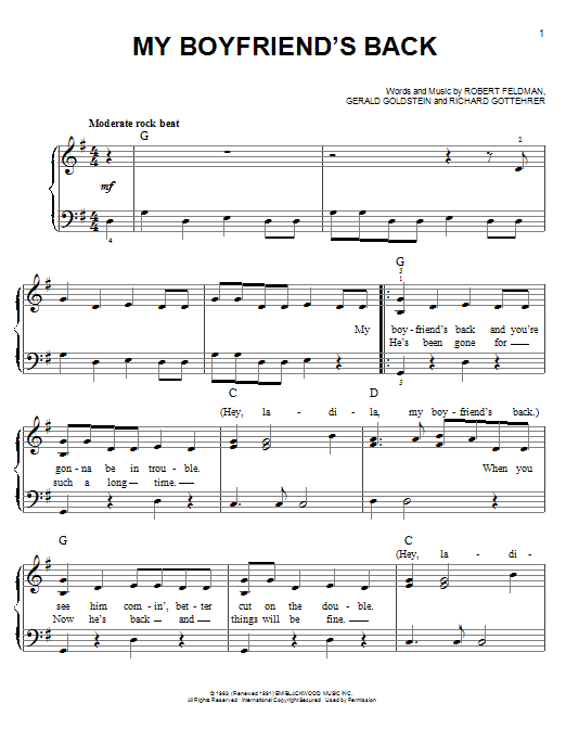 The Angels My Boyfriend's Back sheet music notes and chords arranged for Easy Piano