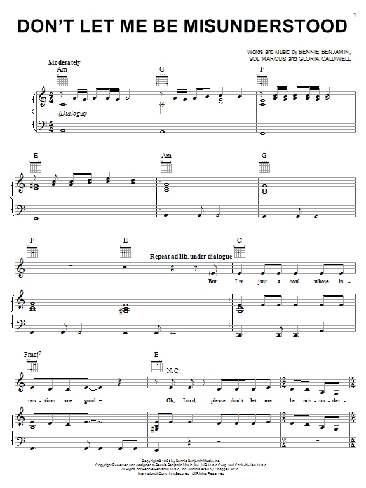 The Animals Don't Let Me Be Misunderstood sheet music notes and chords arranged for Guitar Chords/Lyrics