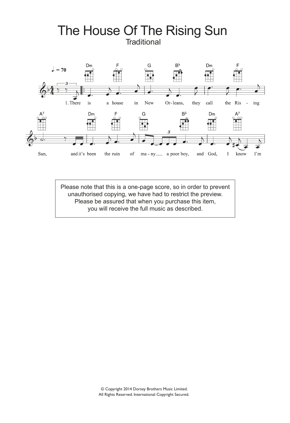 The Animals House Of The Rising Sun sheet music notes and chords arranged for Ukulele