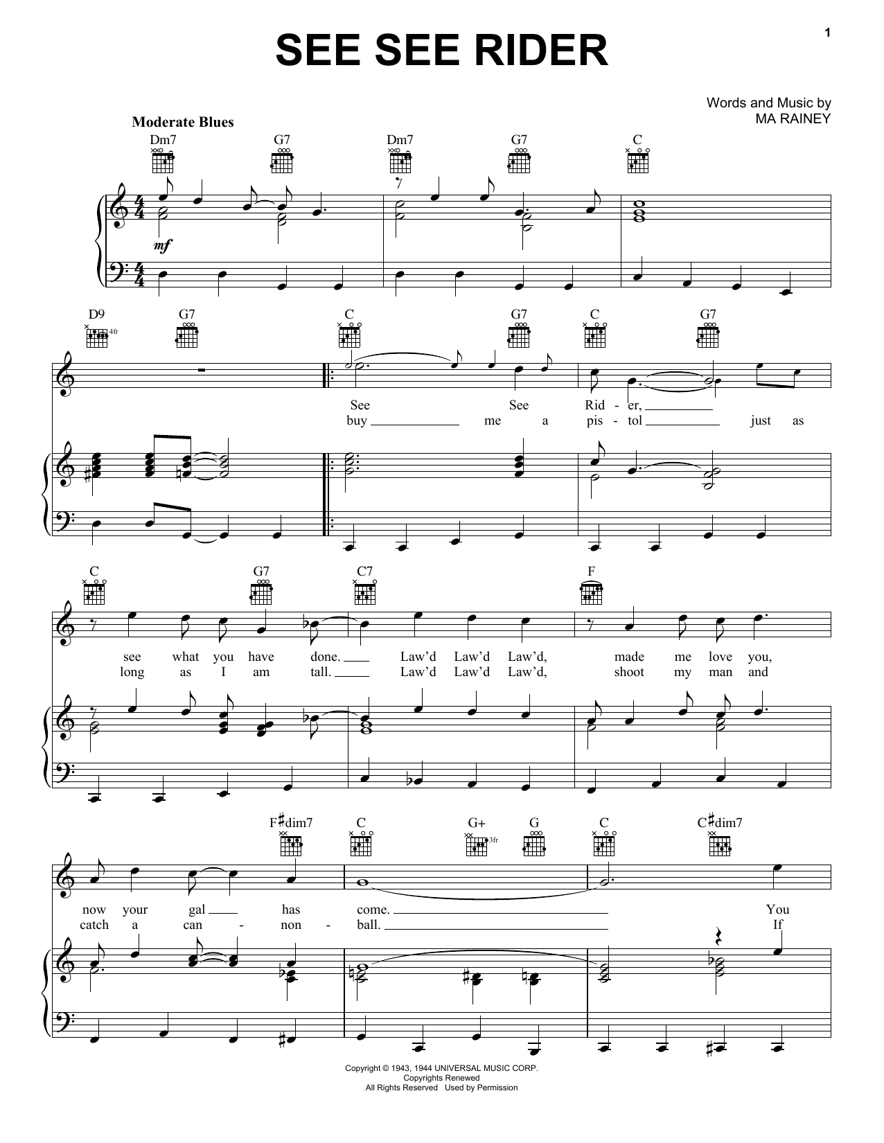The Animals See See Rider sheet music notes and chords arranged for Piano, Vocal & Guitar Chords (Right-Hand Melody)