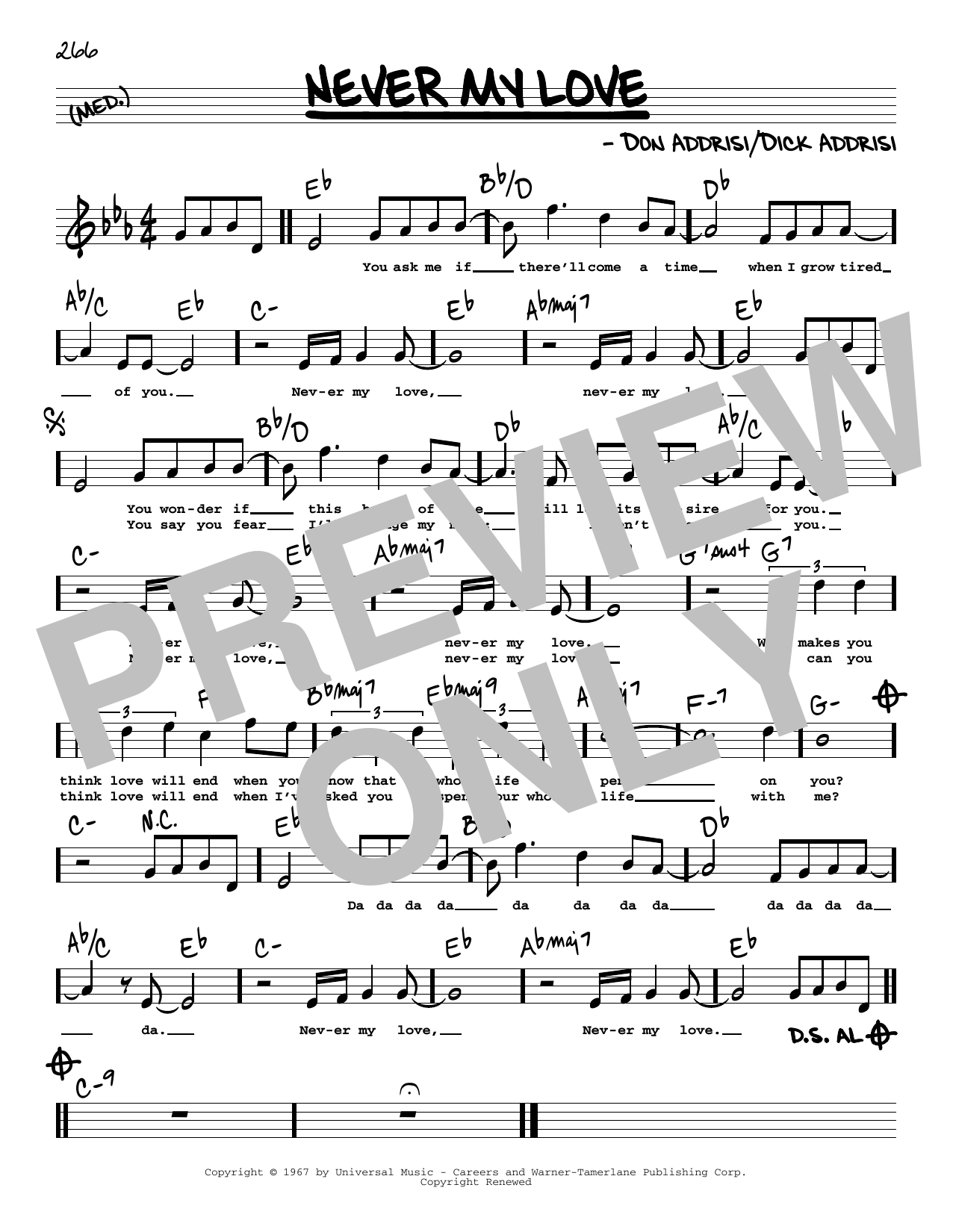 The Association Never My Love (High Voice) sheet music notes and chords arranged for Real Book – Melody, Lyrics & Chords