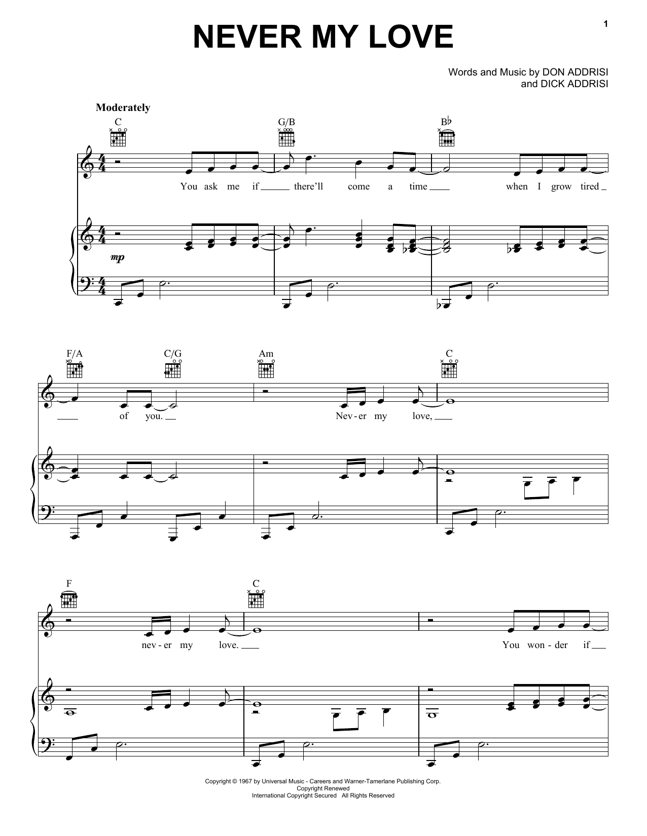 The Association Never My Love sheet music notes and chords arranged for Ukulele