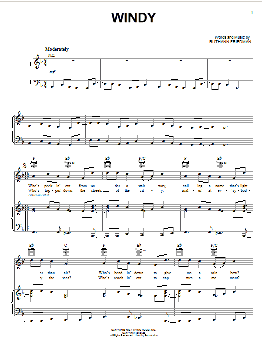 The Association Windy sheet music notes and chords arranged for Piano, Vocal & Guitar Chords (Right-Hand Melody)