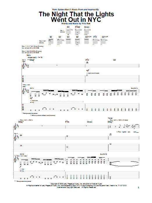 The Ataris The Night That The Lights Went Out In NYC sheet music notes and chords arranged for Guitar Tab