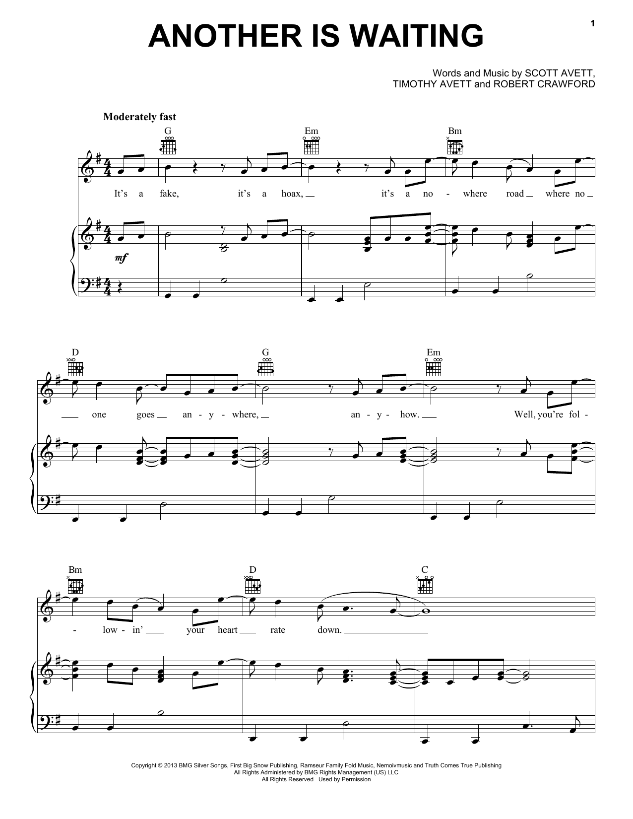 The Avett Brothers Another Is Waiting sheet music notes and chords arranged for Piano, Vocal & Guitar Chords (Right-Hand Melody)