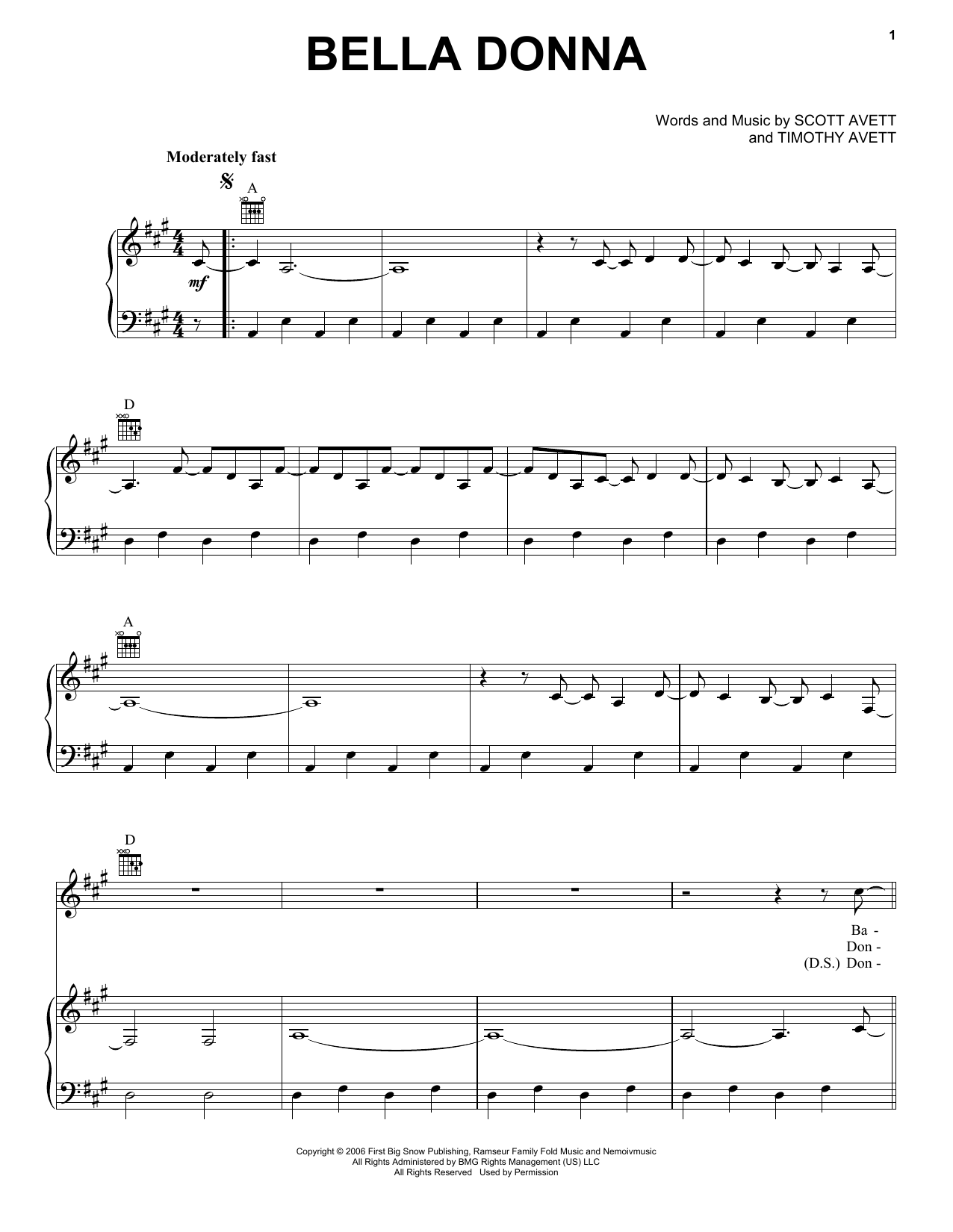 The Avett Brothers Bella Donna sheet music notes and chords arranged for Piano, Vocal & Guitar Chords (Right-Hand Melody)