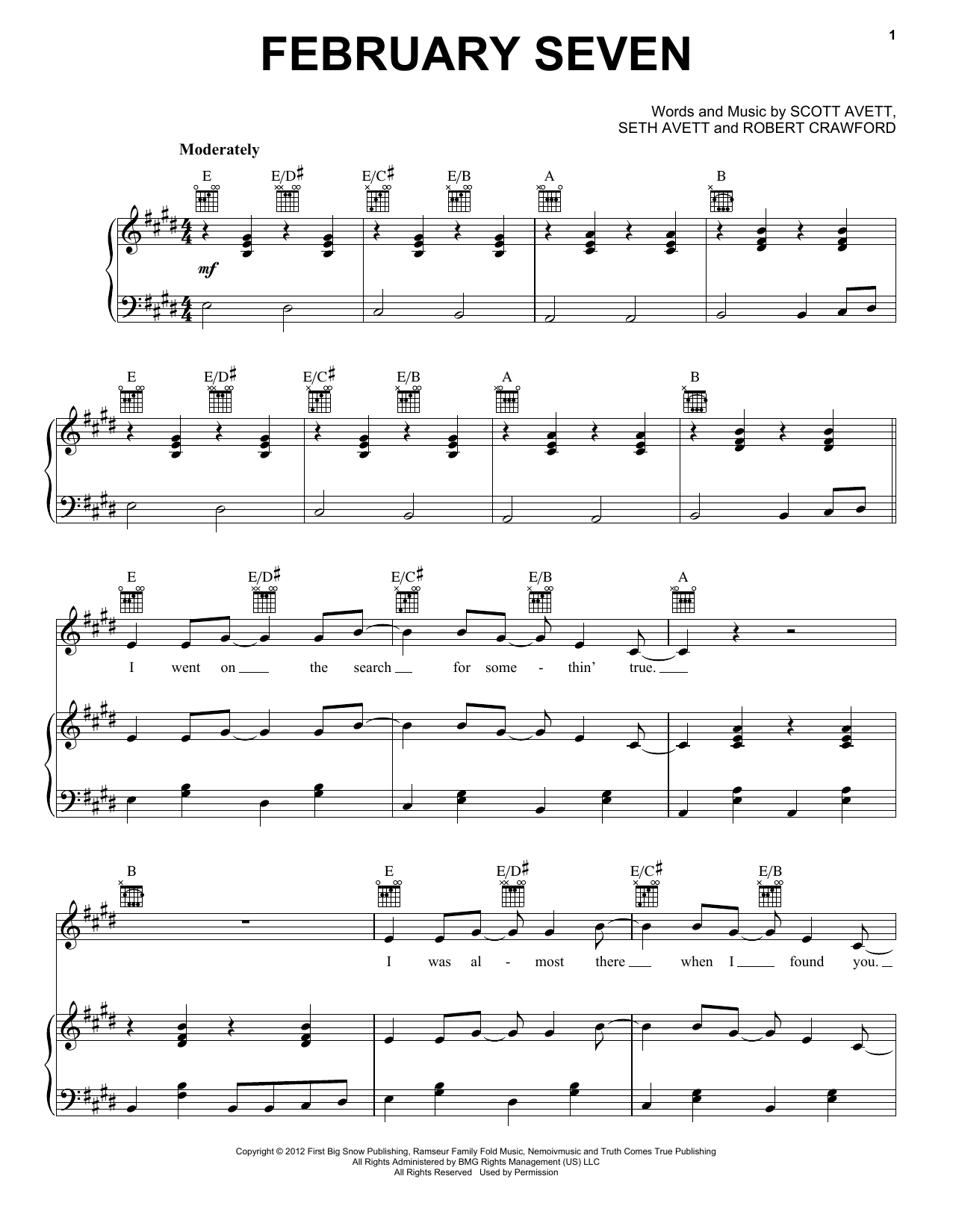 The Avett Brothers February Seven sheet music notes and chords arranged for Piano, Vocal & Guitar Chords (Right-Hand Melody)