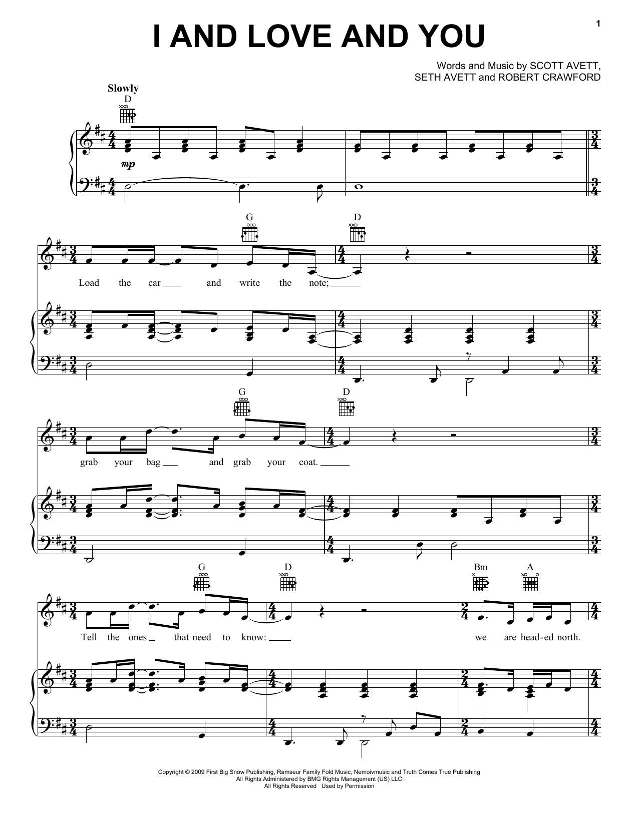 The Avett Brothers I And Love And You sheet music notes and chords arranged for Piano, Vocal & Guitar Chords (Right-Hand Melody)