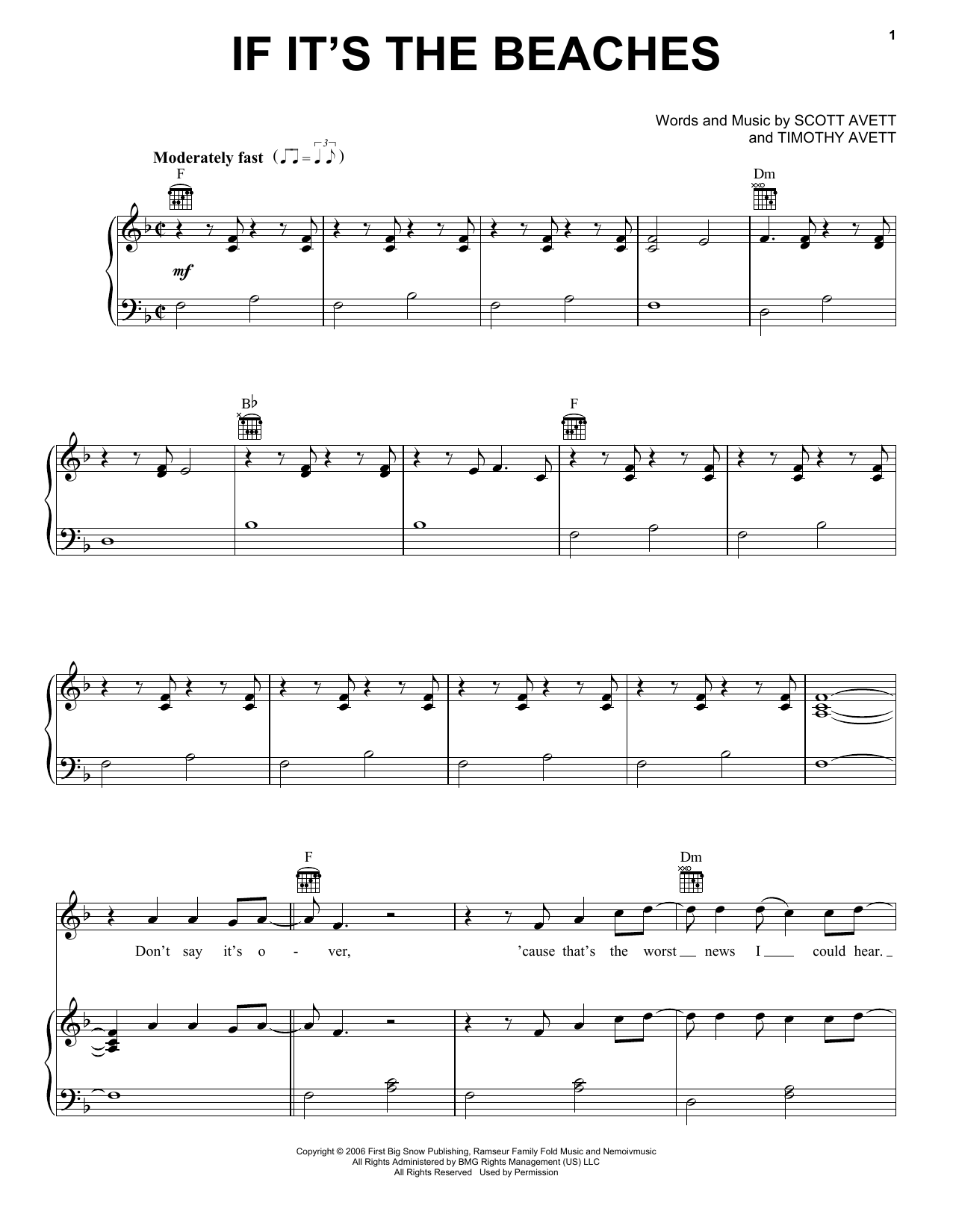 The Avett Brothers If It's The Beaches sheet music notes and chords arranged for Piano, Vocal & Guitar Chords (Right-Hand Melody)