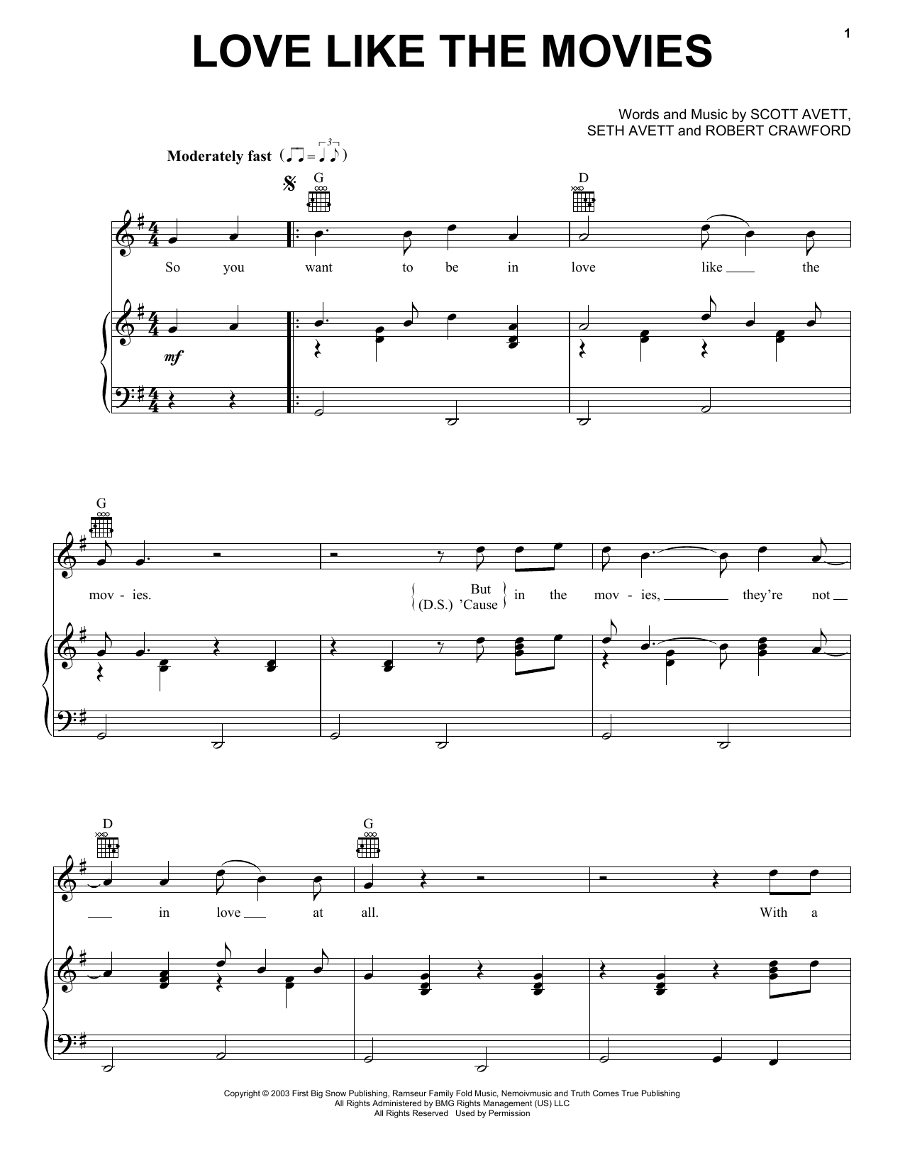 The Avett Brothers Love Like The Movies sheet music notes and chords arranged for Piano, Vocal & Guitar Chords (Right-Hand Melody)