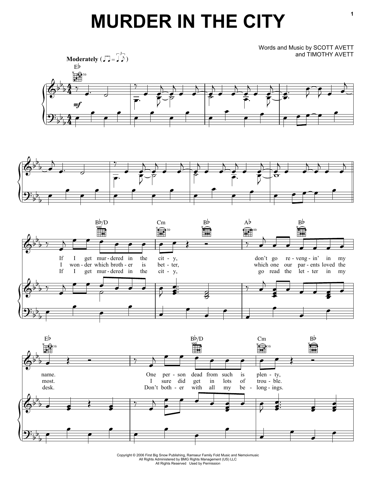 The Avett Brothers Murder In The City sheet music notes and chords arranged for Piano, Vocal & Guitar Chords (Right-Hand Melody)