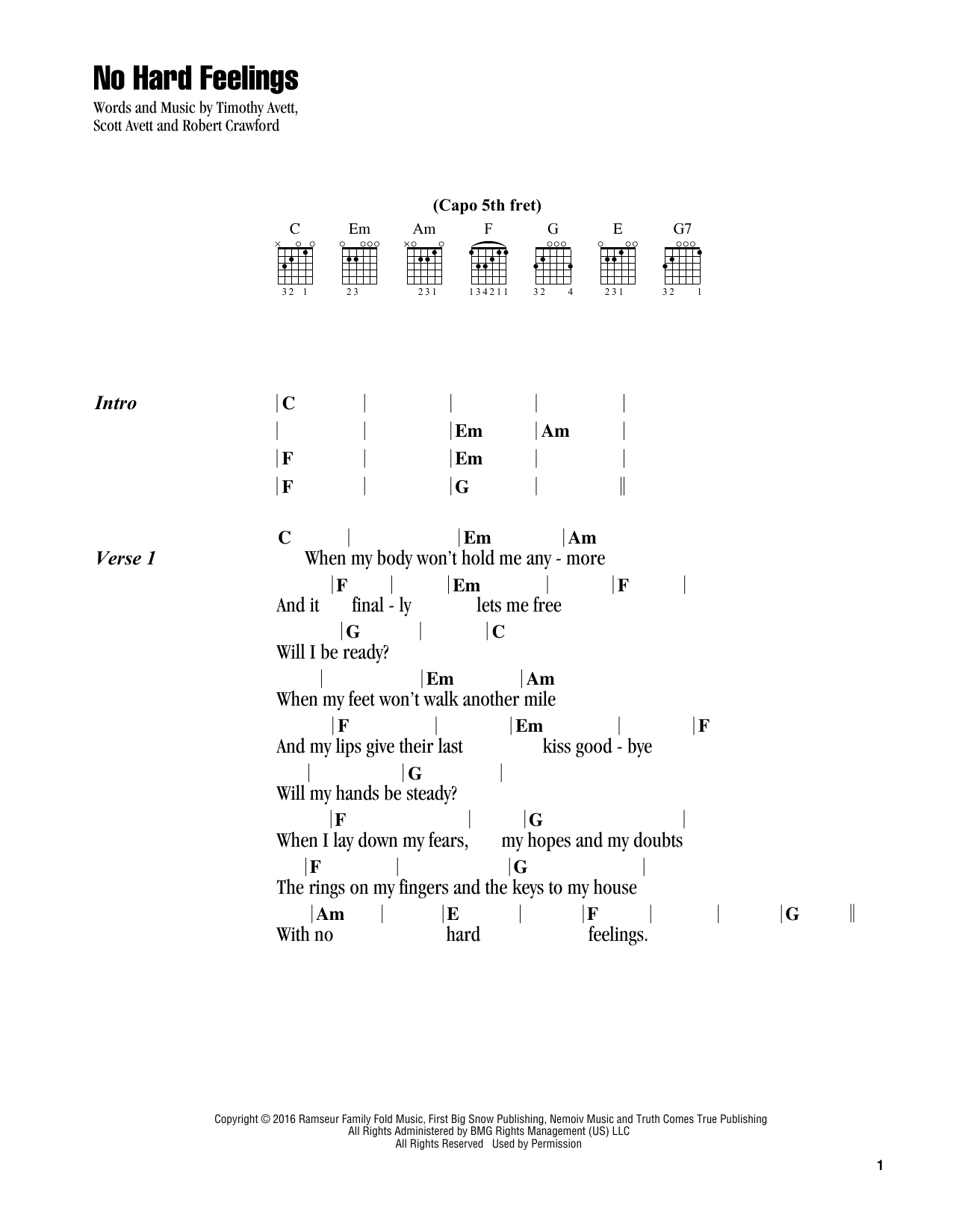 The Avett Brothers No Hard Feelings sheet music notes and chords arranged for Guitar Chords/Lyrics