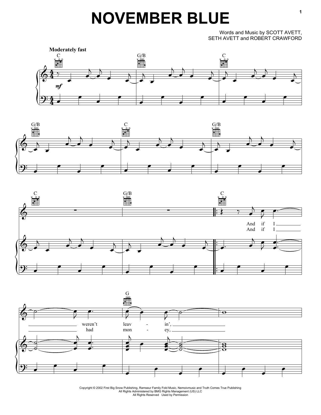 The Avett Brothers November Blue sheet music notes and chords arranged for Piano, Vocal & Guitar Chords (Right-Hand Melody)