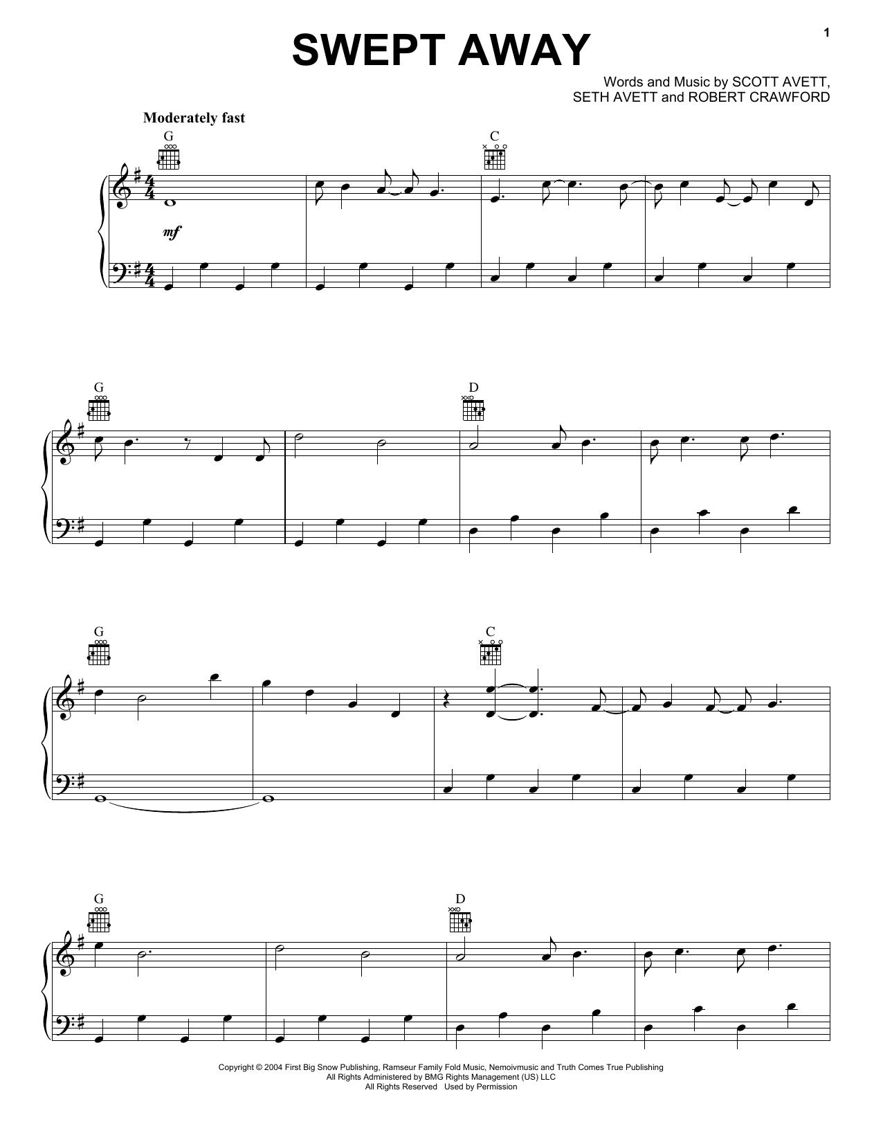 The Avett Brothers Swept Away sheet music notes and chords arranged for Piano, Vocal & Guitar Chords (Right-Hand Melody)