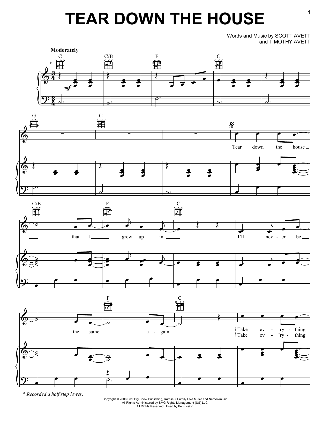 The Avett Brothers Tear Down The House sheet music notes and chords arranged for Piano, Vocal & Guitar Chords (Right-Hand Melody)
