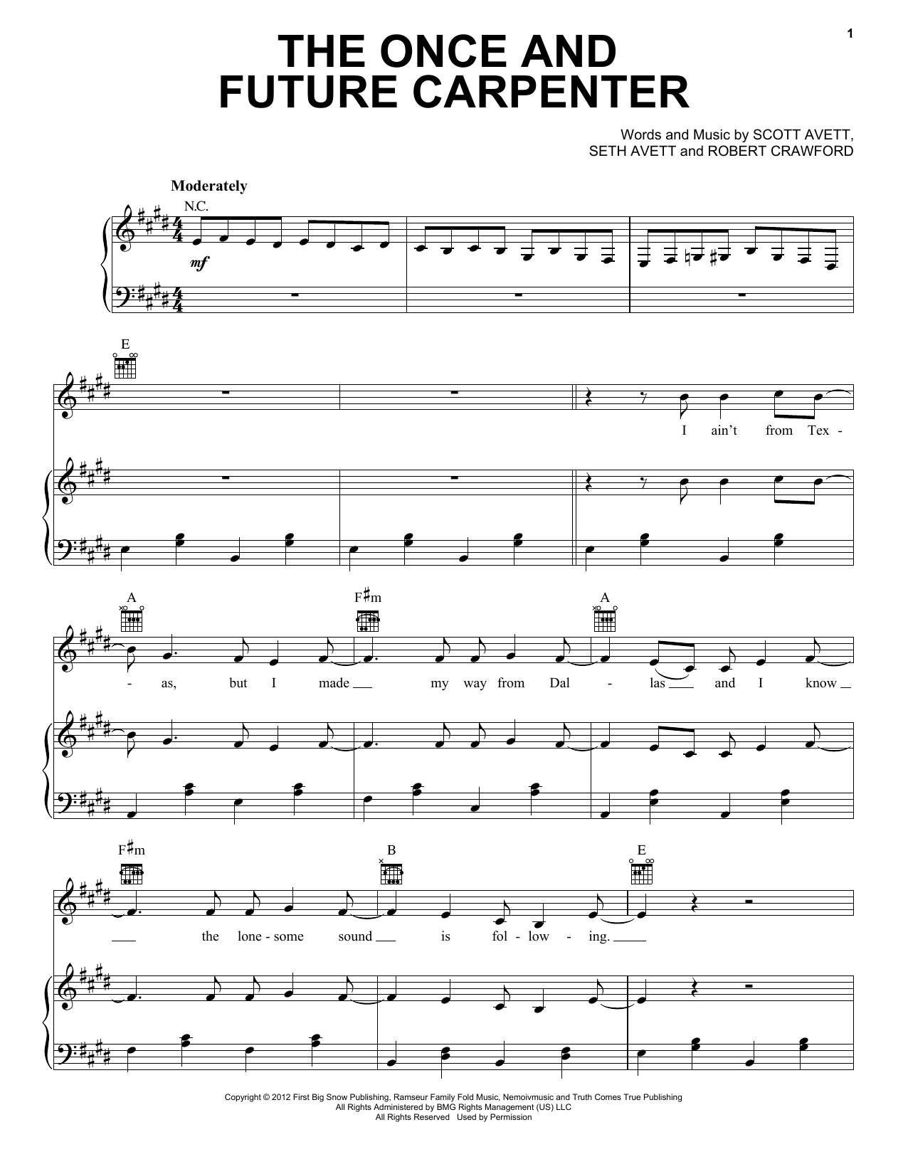 The Avett Brothers The Once And Future Carpenter sheet music notes and chords arranged for Piano, Vocal & Guitar Chords (Right-Hand Melody)