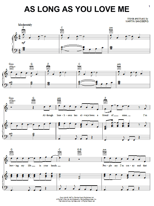 Backstreet Boys As Long As You Love Me sheet music notes and chords arranged for Piano, Vocal & Guitar Chords (Right-Hand Melody)