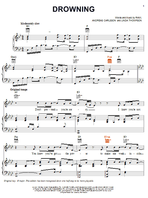 Backstreet Boys Drowning sheet music notes and chords arranged for Piano, Vocal & Guitar Chords (Right-Hand Melody)