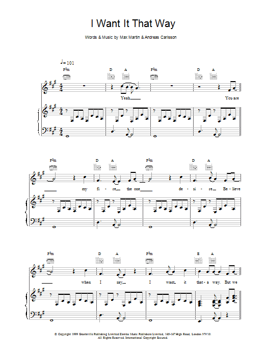 Backstreet Boys I Want It That Way sheet music notes and chords arranged for Easy Piano