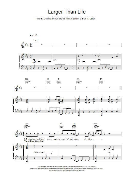 Backstreet Boys Larger Than Life sheet music notes and chords arranged for Piano, Vocal & Guitar Chords