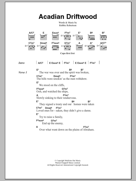 The Band Acadian Driftwood sheet music notes and chords arranged for Guitar Chords/Lyrics