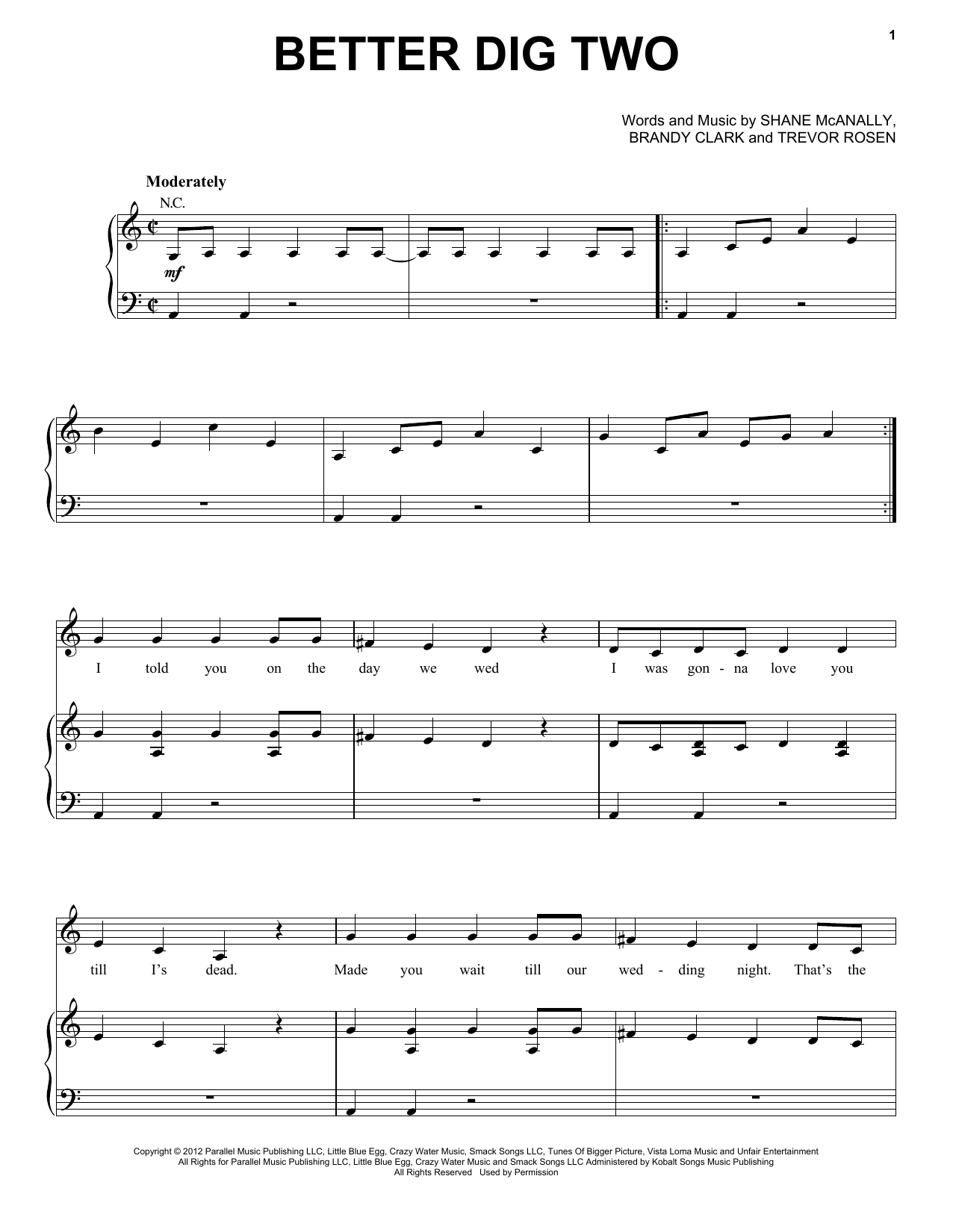 The Band Perry Better Dig Two sheet music notes and chords arranged for Easy Piano