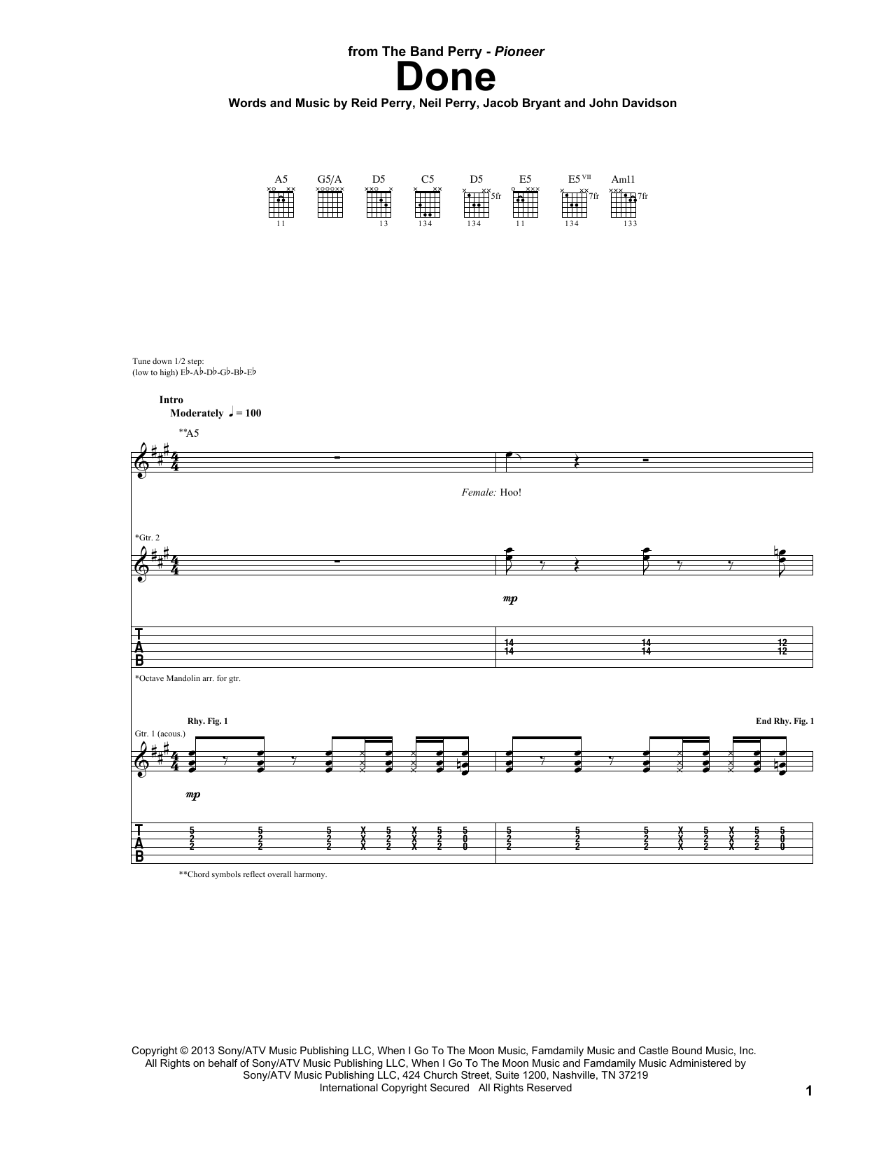 The Band Perry Done sheet music notes and chords arranged for Guitar Tab
