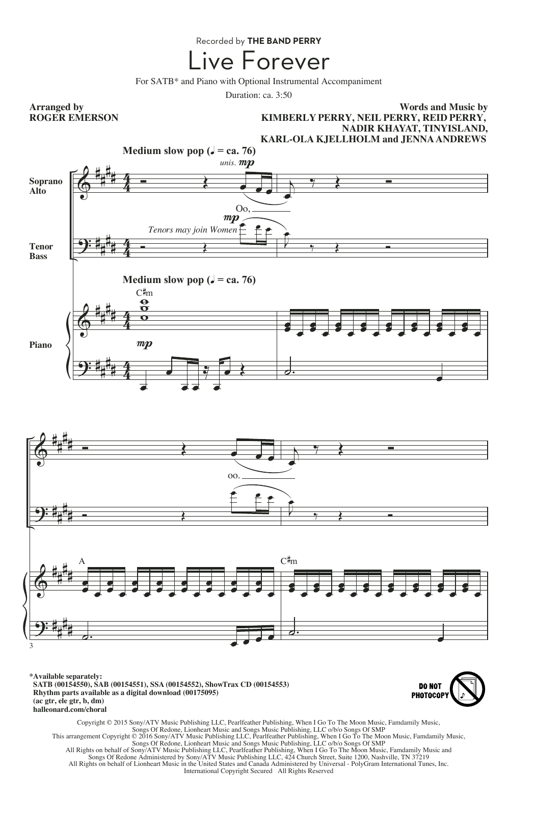 The Band Perry Live Forever (arr. Roger Emerson) sheet music notes and chords arranged for SSA Choir