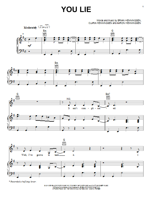 The Band Perry You Lie sheet music notes and chords arranged for Piano, Vocal & Guitar Chords (Right-Hand Melody)