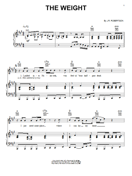 The Band The Weight sheet music notes and chords arranged for Piano, Vocal & Guitar Chords