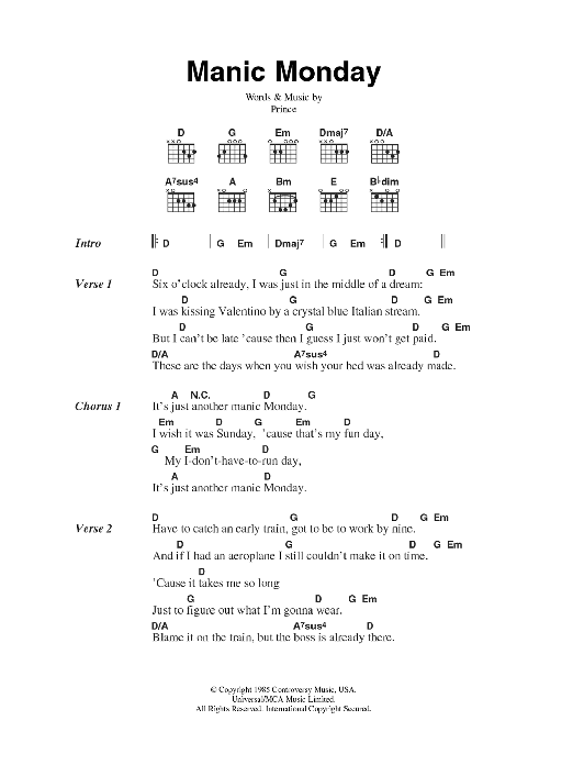 The Bangles Manic Monday sheet music notes and chords arranged for Guitar Chords/Lyrics