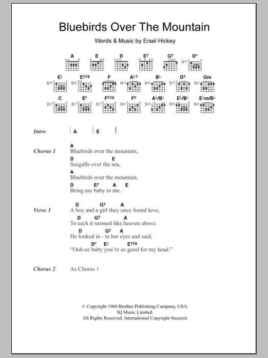 The Beach Boys Bluebirds Over The Mountain sheet music notes and chords arranged for Guitar Chords/Lyrics