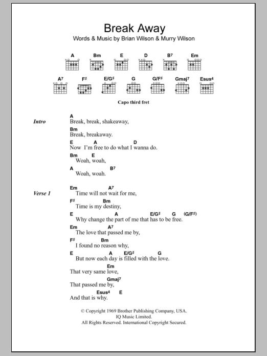 The Beach Boys Break Away sheet music notes and chords arranged for Guitar Chords/Lyrics