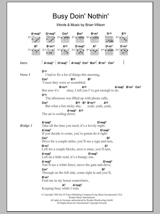The Beach Boys Busy Doin' Nothin' sheet music notes and chords arranged for Guitar Chords/Lyrics