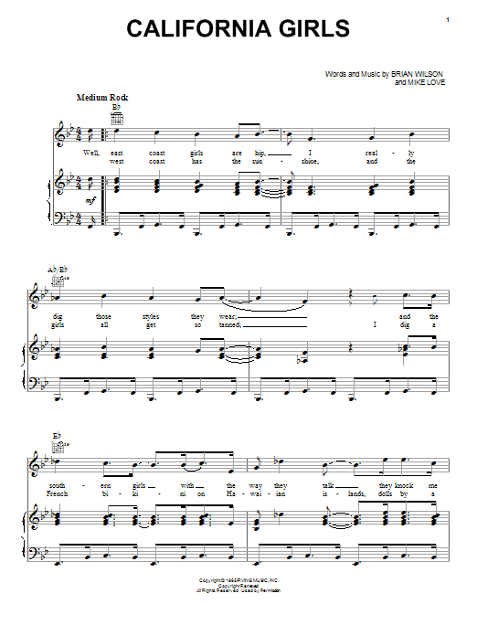 The Beach Boys California Girls sheet music notes and chords arranged for Guitar Chords/Lyrics