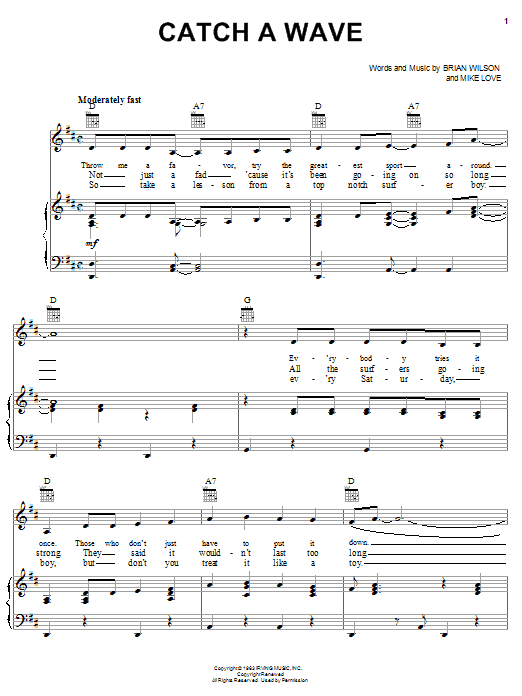 The Beach Boys Catch A Wave sheet music notes and chords arranged for Piano, Vocal & Guitar Chords (Right-Hand Melody)