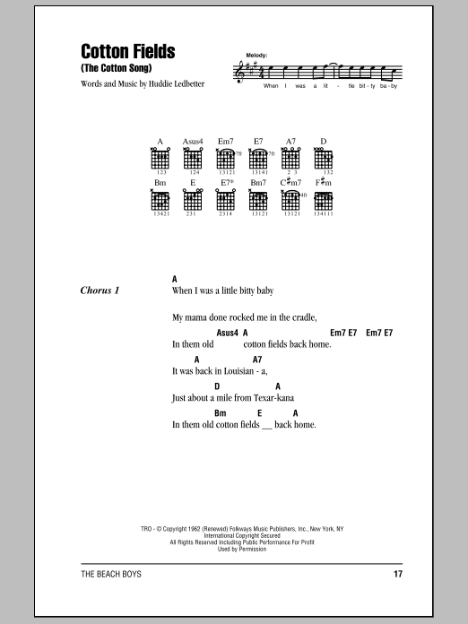 The Beach Boys Cotton Fields (The Cotton Song) sheet music notes and chords arranged for Guitar Chords/Lyrics