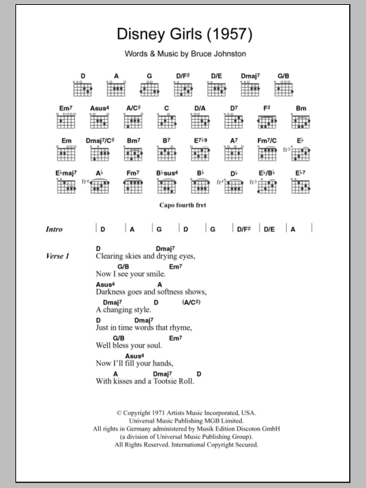 The Beach Boys Disney Girls (1957) sheet music notes and chords arranged for Guitar Chords/Lyrics