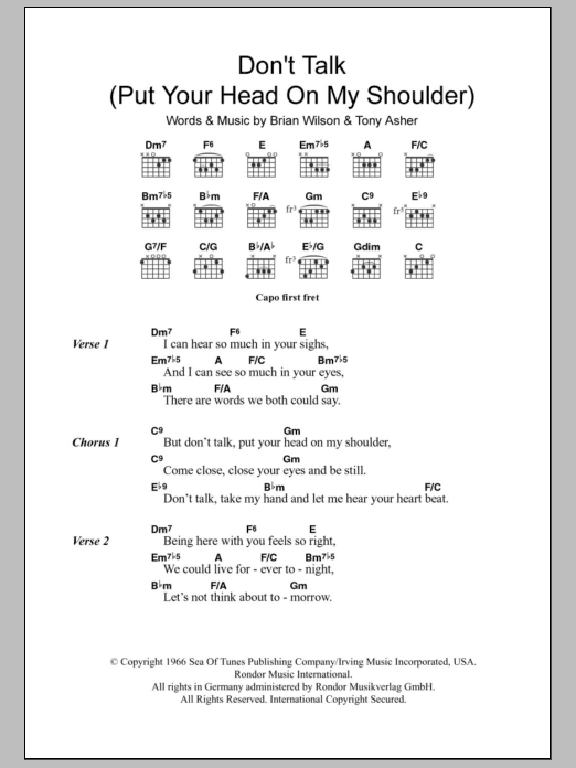 The Beach Boys Don't Talk (Put Your Head On My Shoulder) sheet music notes and chords arranged for Guitar Chords/Lyrics