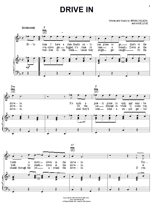 The Beach Boys Drive In sheet music notes and chords arranged for Piano, Vocal & Guitar Chords (Right-Hand Melody)