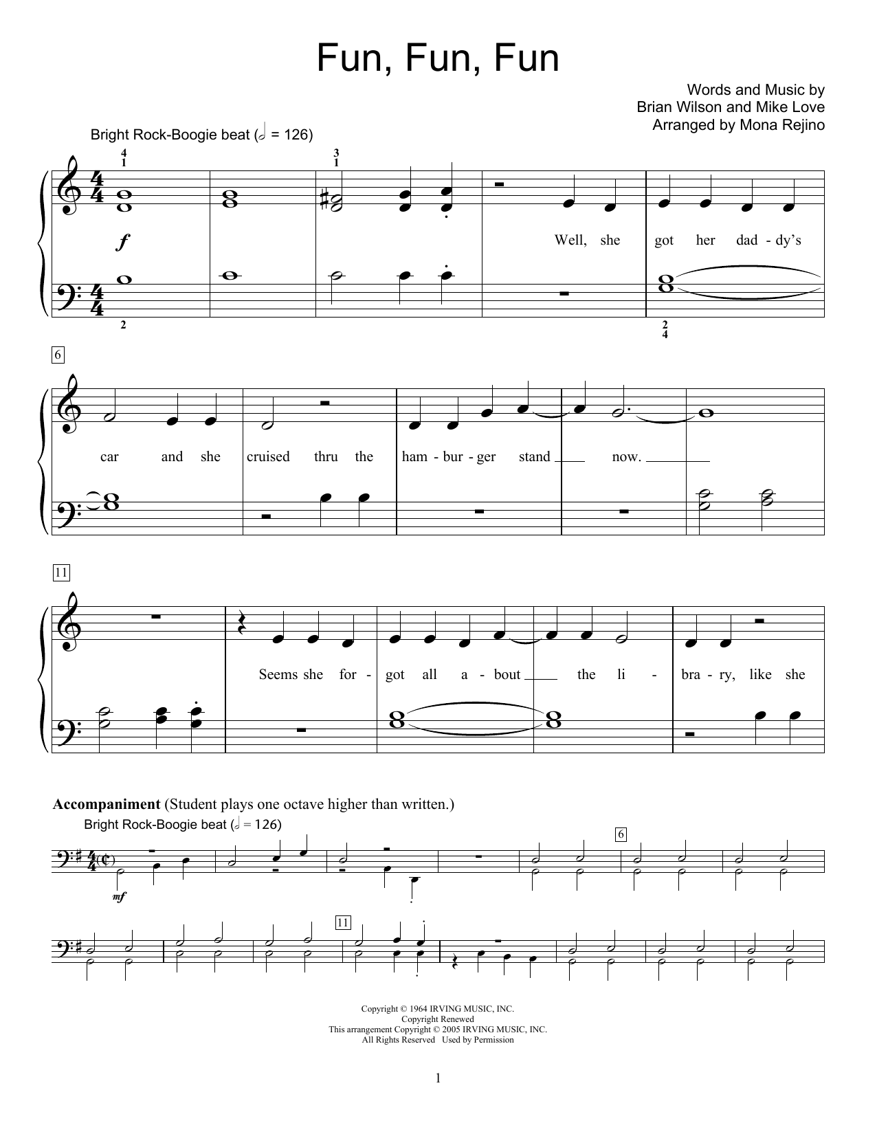 The Beach Boys Fun, Fun, Fun (arr. Mona Rejino) sheet music notes and chords arranged for Educational Piano