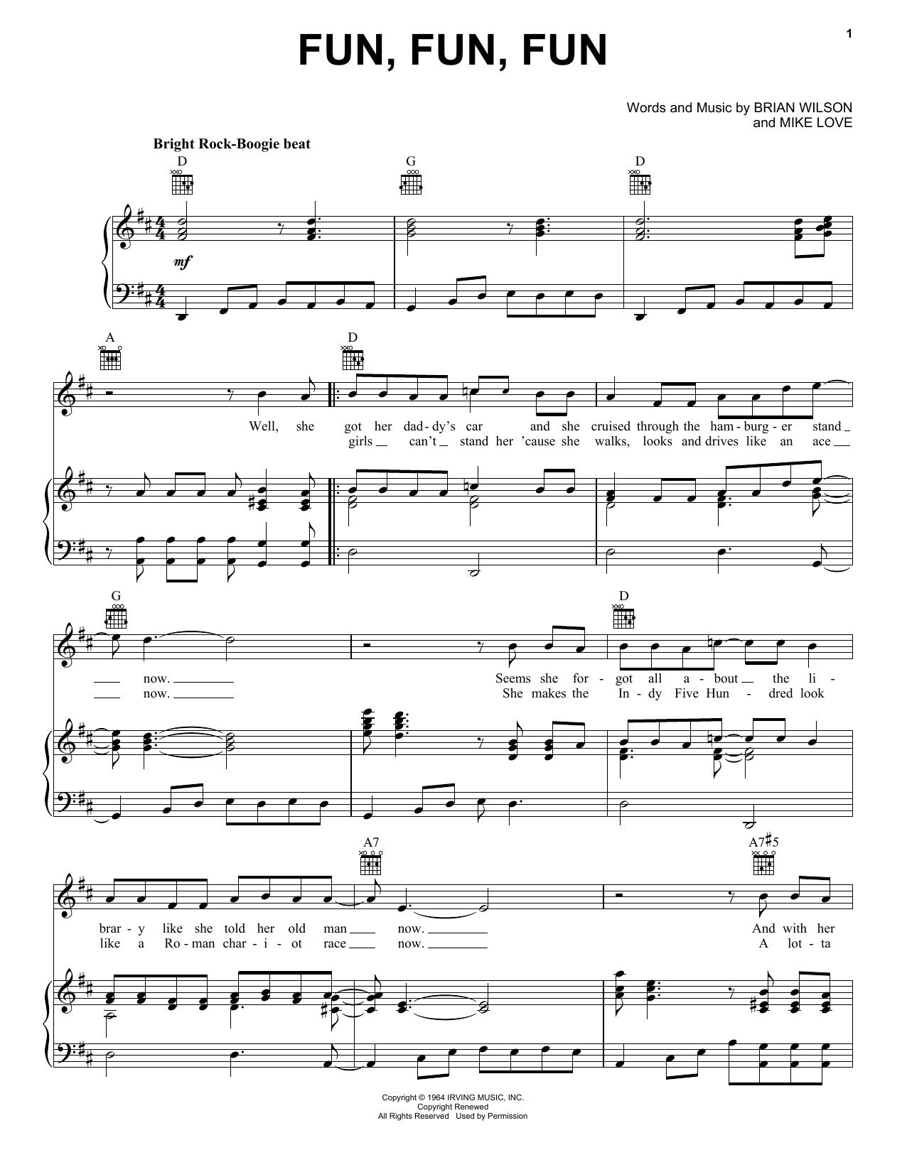 The Beach Boys Fun, Fun, Fun sheet music notes and chords arranged for Piano, Vocal & Guitar Chords (Right-Hand Melody)