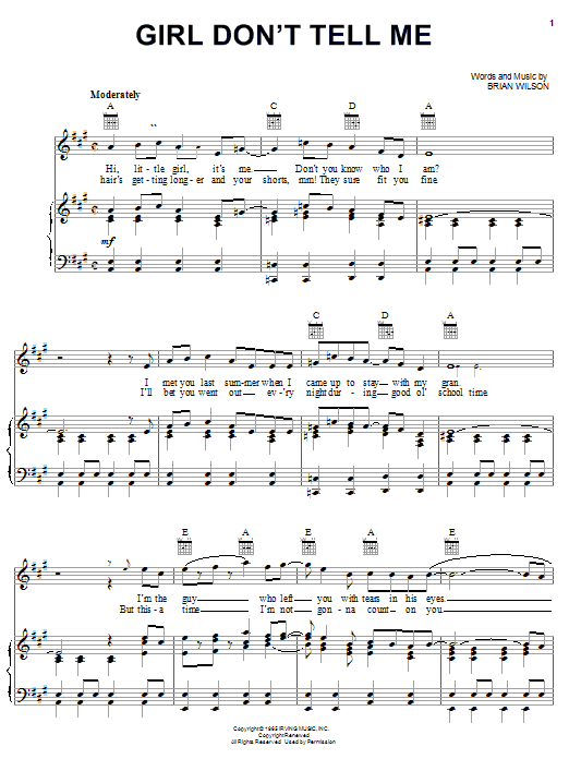 The Beach Boys Girl Don't Tell Me sheet music notes and chords arranged for Piano, Vocal & Guitar Chords (Right-Hand Melody)