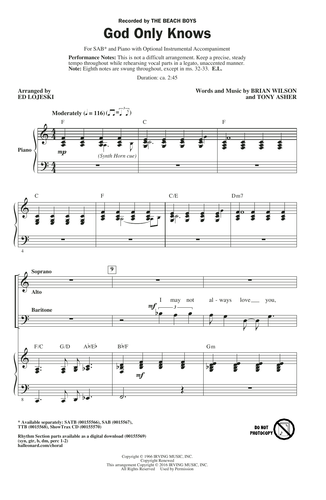 The Beach Boys God Only Knows (arr. Ed Lojeski) sheet music notes and chords arranged for SAB Choir