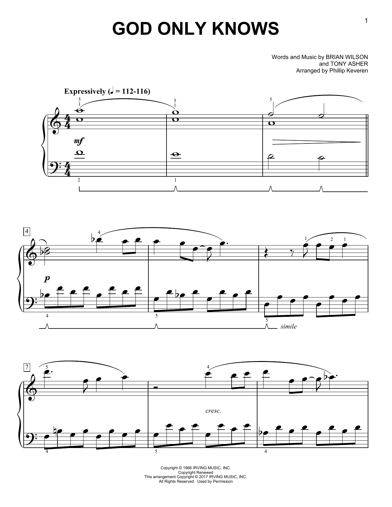 The Beach Boys God Only Knows [Classical version] (arr. Phillip Keveren) sheet music notes and chords arranged for Easy Piano