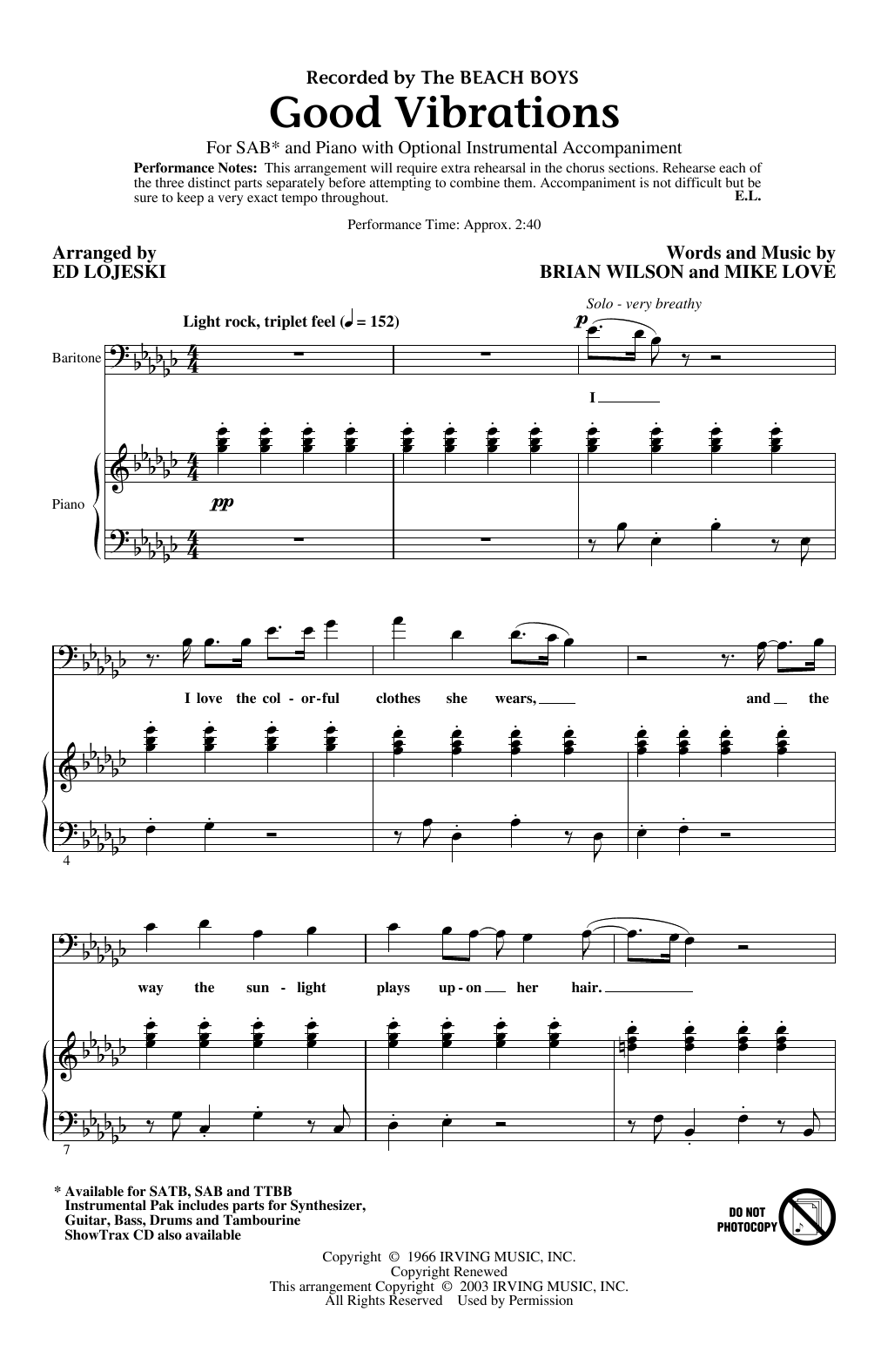 The Beach Boys Good Vibrations (arr. Ed Lojeski) sheet music notes and chords arranged for SATB Choir