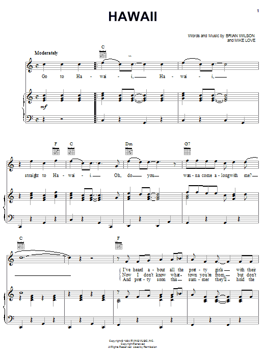 The Beach Boys Hawaii sheet music notes and chords arranged for Guitar Chords/Lyrics